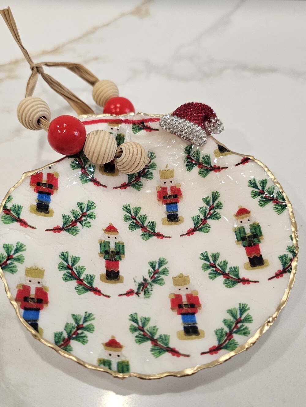 Handmade Decoupaged Nutcracker Large Resin Sealed Scallop Christmas Ornament